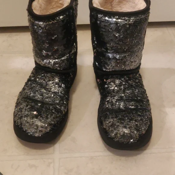 UGG | Shoes | Ugg Classic Short Black Silver Sequin Boots Sz  display picture 1